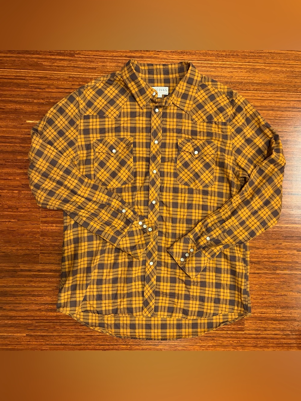 Tecovas Large Mustard Yellow Plaid Pearl Snap Western Shirt EUC
